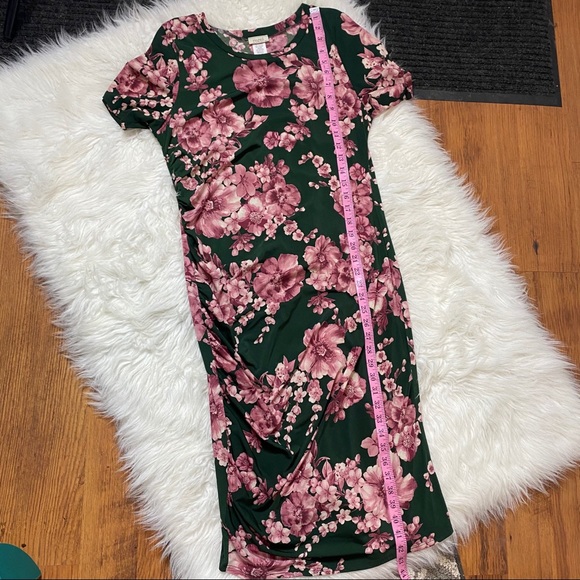 🔥SOLD🔥 Boutique Floral Rouched Midi Dress Green Pink S-L - Picture 14 of 15